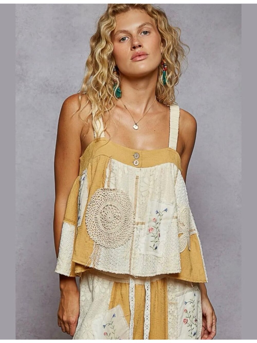 Pol Boho Sleeveless Solid Strap Double Gauze Tube Top Yellow 100%Cotton Sz S M L